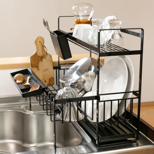 Tower Dish Drainer, Yamazaki Industries, Extendable Dish Drainer (Black, 2 Tiers)