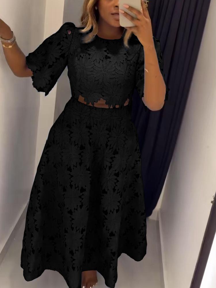 

Жіночий світло-блакитний мереживний комплект Блузка з короткими рукавами-буфами та спідниця міді Елегантний наряд 3XL чорний