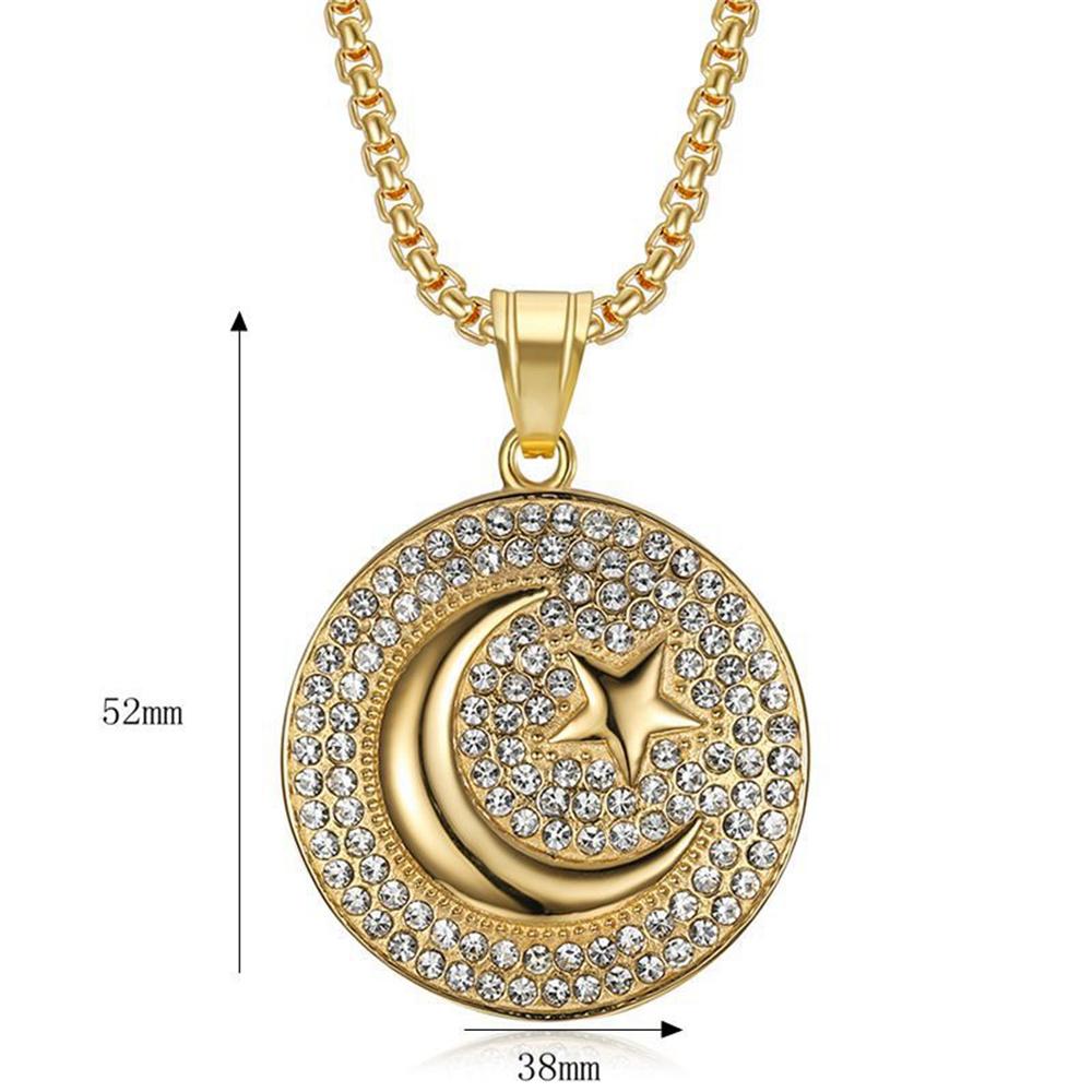 Punk Halbmond und Stern Anhänger Goldfarbe Edelstahl Muslimisches Rundes Halskette für Damen Herren Iced Out Islamischer Schmuck