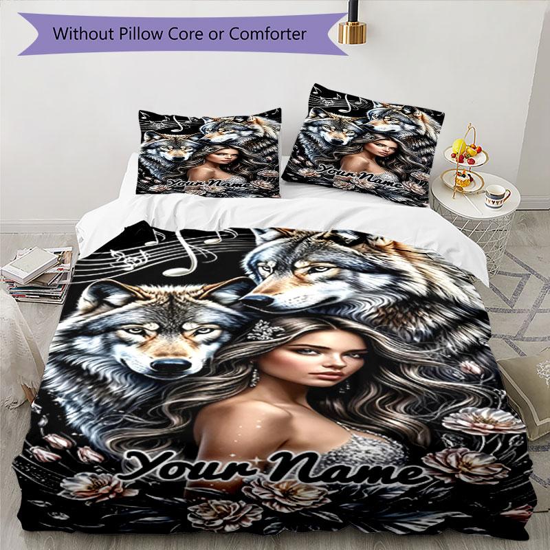 3-teiliges Bettwäsche-Set mit individuellem Namen und Wolfsgeist-Verbindung, bedrucktes Bettwäsche-Set, Bettbezug mit Verschluss, enthält 1 Bettbezug & 2 Kissenbezüge für alle Jahreszeiten Bett