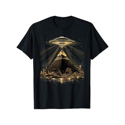 UFO Pyramid Alien Abduction Graphic Tee Men's Breathable Cotton Short Sleeve T-Shirt