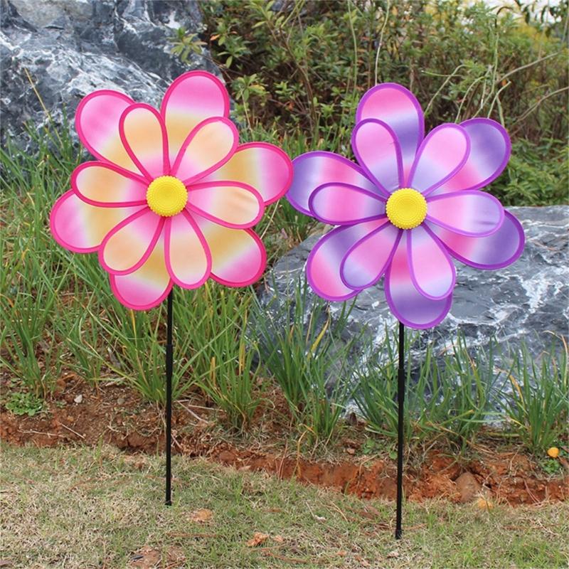 Lawn Decoration Spinner Two Layer Pinwheels with Stakes Eye Catching for Garden