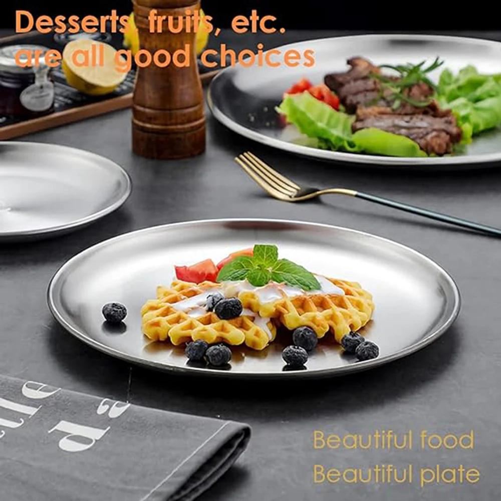 8Pcs Stainless Steels Round Silver Shallow Tray Plate Rust-Proof 17/20/23/26 Camping Plate BBQ Picnic Dishes Cookware