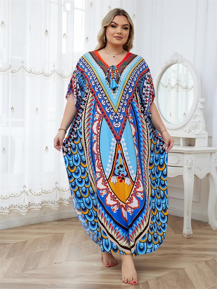 

EDOLYNSA 2024 Марокканский кафтан в богемном стиле с принтом летнее платье длинная туника женская пляжная одежда больших размеров купальник накидка халат пляжный One Size синий