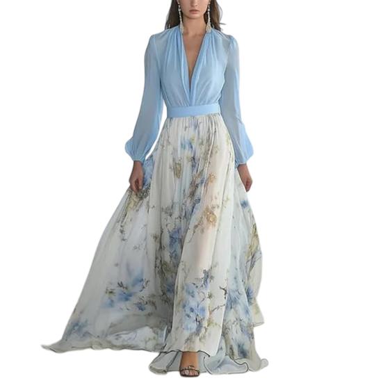 

Long Sleeve Chiffon Dress Floral V Neck Print Deep Flowy A-Line Dress Spring Wedding Guest 2XL