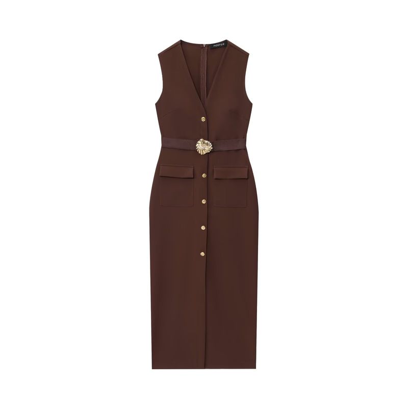 Kaslead New Women Clothes Western Style Fashion With Belt Crepe Midi Dress 3897166