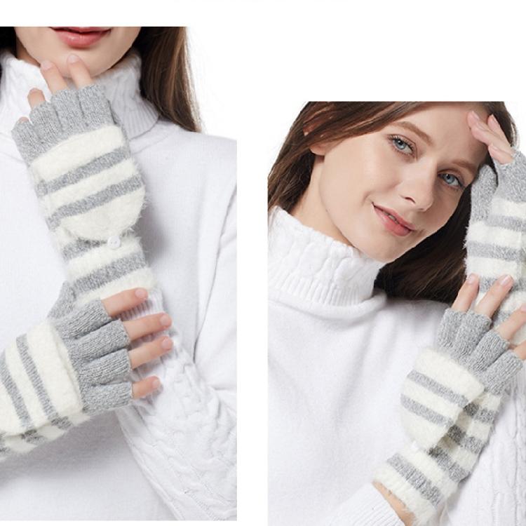 Striped Pattern Glove Plush Fingerless Mittens with Flip Top Knitted Gloves