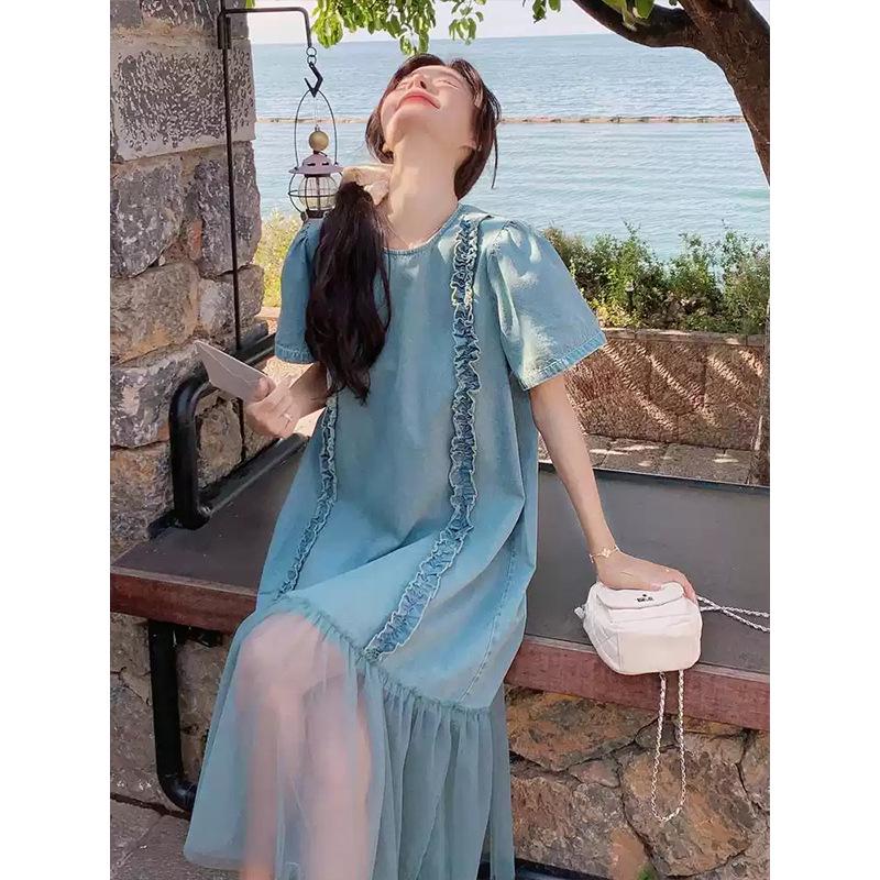 2026 Spring Sweet Lace Short-Sleeve Dress with Denim Maxi Skirt