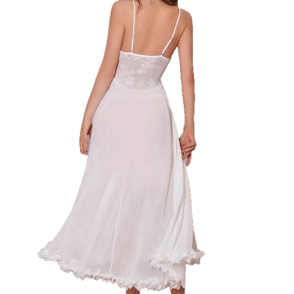Sexy Nachthemd Pyjama tiefer V-Ausschnitt seitlicher Schlitz schmaler Träger Nachthemd Damen