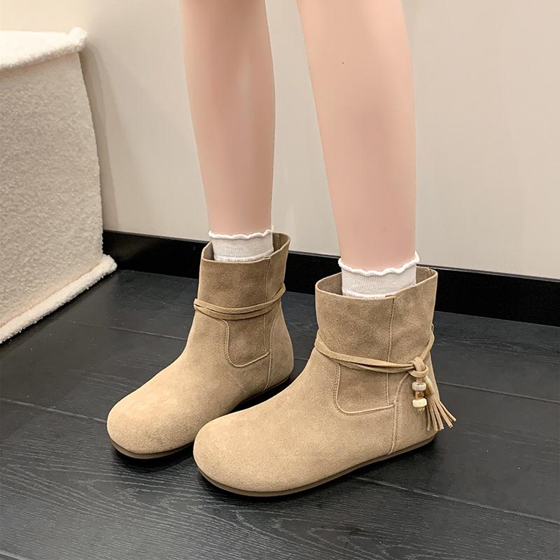 Fashion 2025 New Fashionable Versatile Tassel Flat Bottom Fall Winter Booties for Women