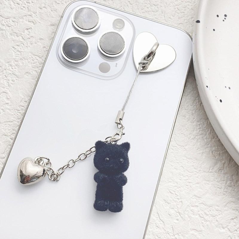 Fashion Flocking Cat Heart Pendant Phone Straps Lanyard Pocket Keychain Strap Backpack Charm Car Key Decoration