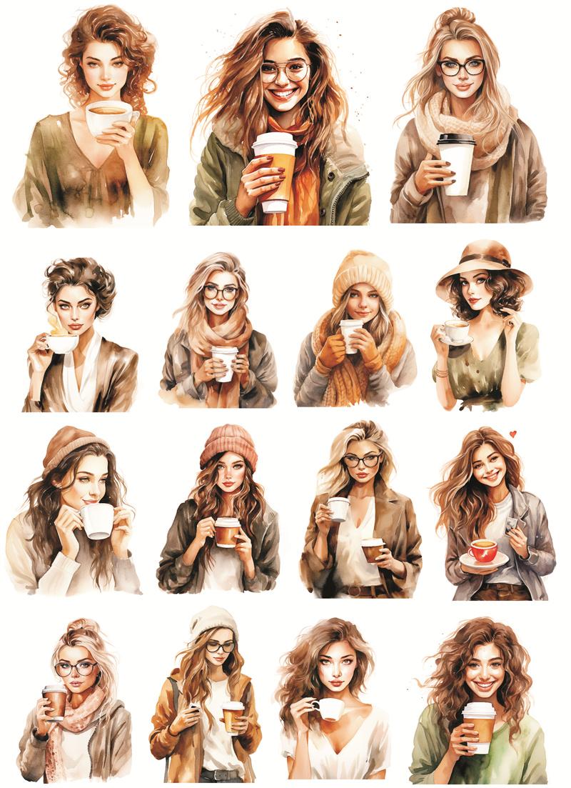 watercolor Female white-collar workers drinking coffee Stickers Girl Phone Case Photo Album DIY Decoration scrapbooking