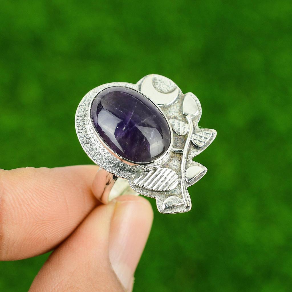African Amethyst Stone 925 Silver Engagement Wedding Cescent Moon Statement Ring