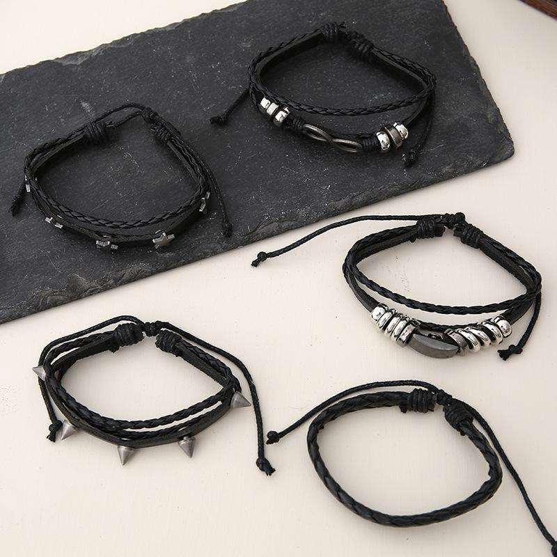 Ensemble de bracelets punk rétro pour hommes: Bracelets ajustables 5 pièces en cuir de vachette tissé à la main et corde cirée