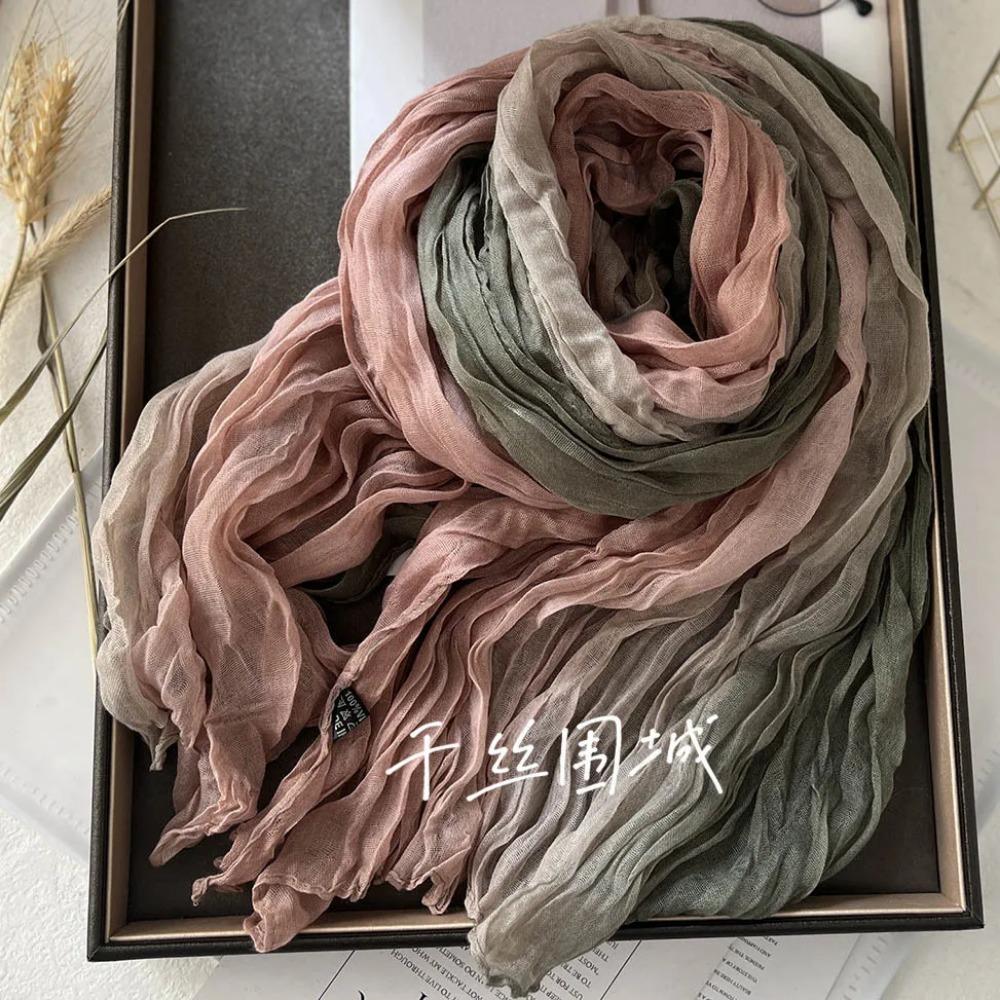 New Scarf Cotton Hemp Hand Feel Gradient Blue Autumn Winter Retro Versatile Printed Women's Long Fold Shawl Soft Fashionable