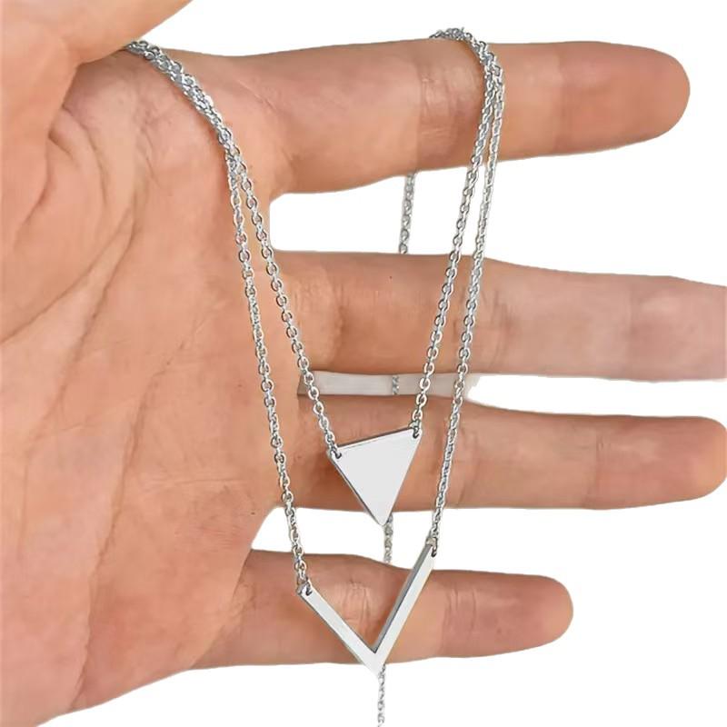 Elegant Geometric V-Shape Triangle Pendant Double Layer Necklace with Delicate Chain