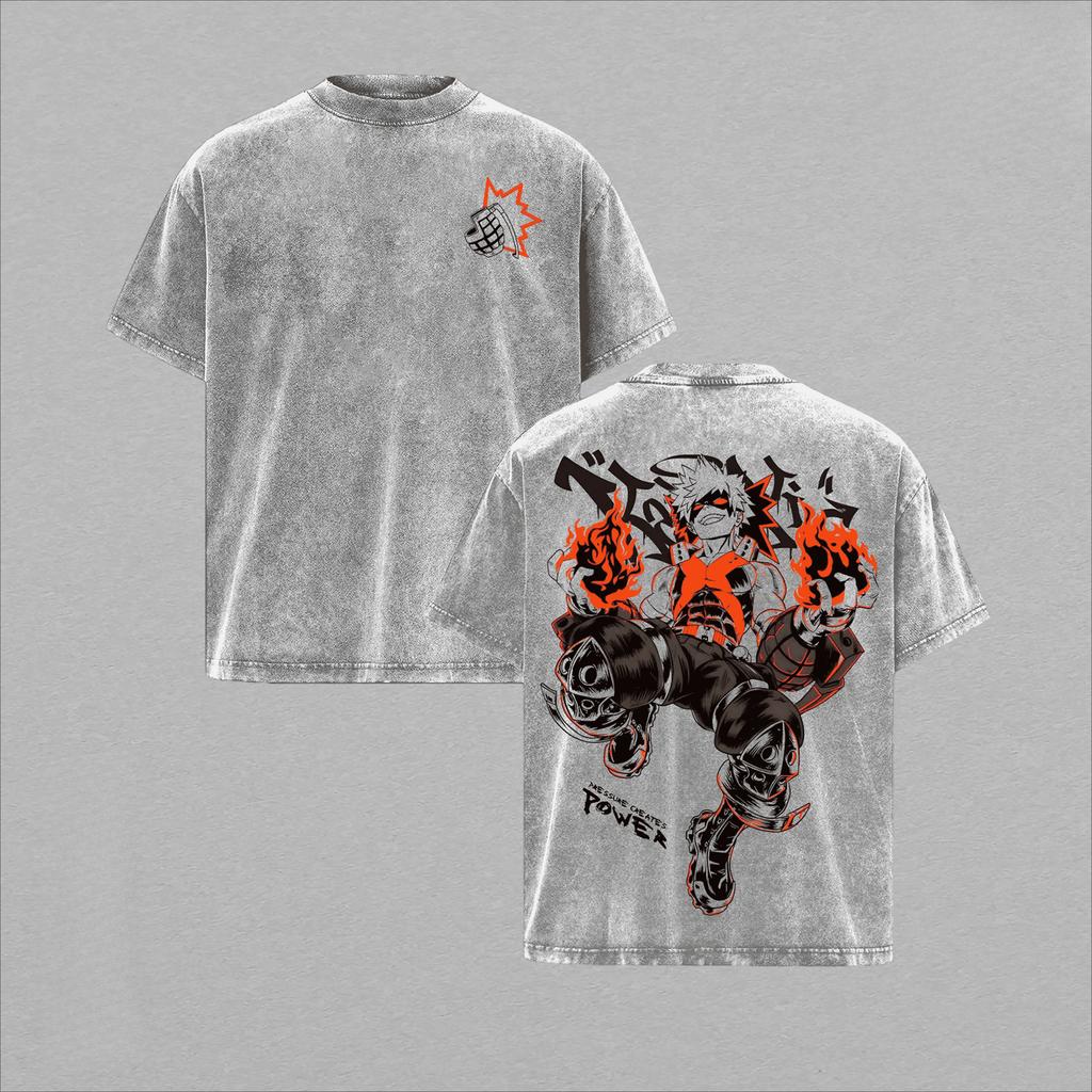 Bakugou Katsuki My Hero Academia T-shirt Anime Y2k Vintage Washed Tshirt Summer Short Sleeve Cotton Tee Shirt Tops Men Clothing