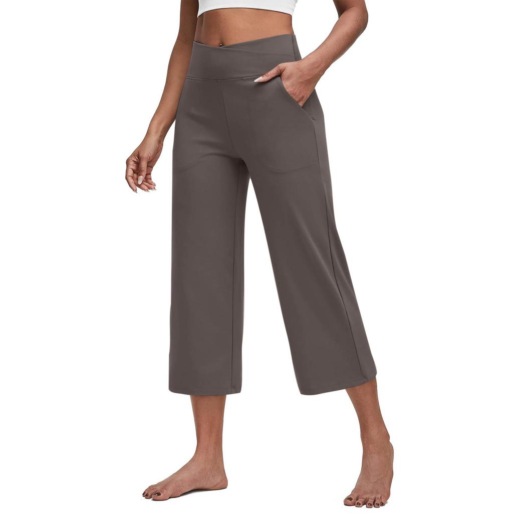 Women Elastic High Waist Casual Fit Wide Capris Leg Pants Yoga Leggings Soft Gym With Pockets