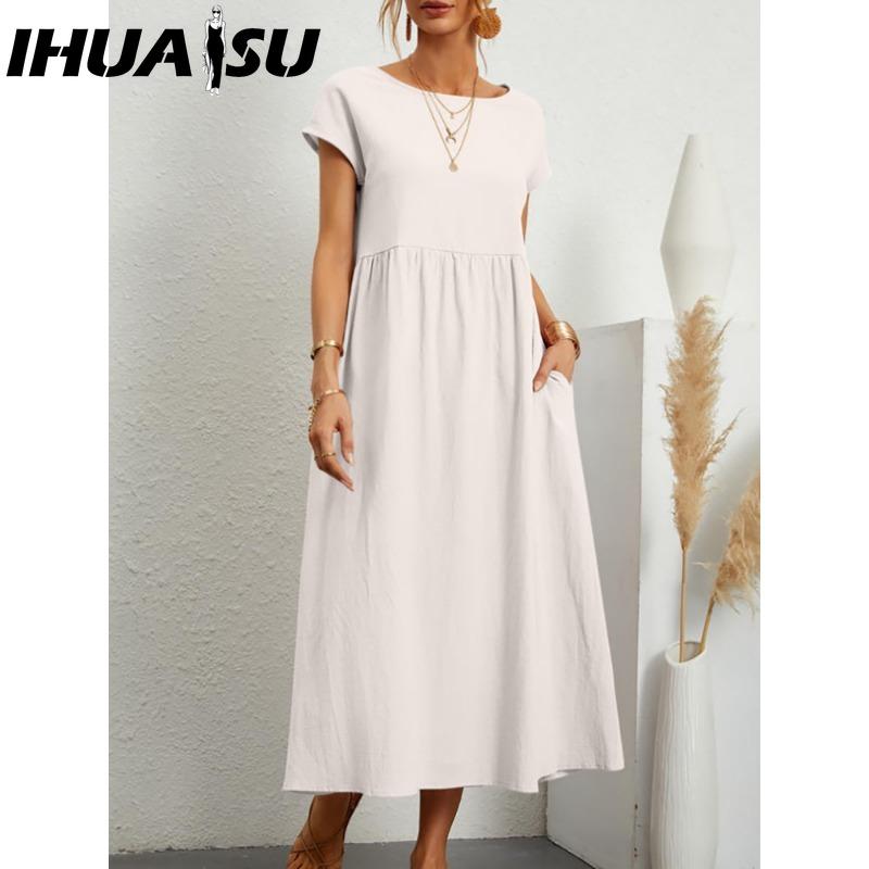 

IHUASU Жіноча Мода Літо Весна Однотонний Принт Короткий Рукав Круглий Виріз Повсякденні Сукні L