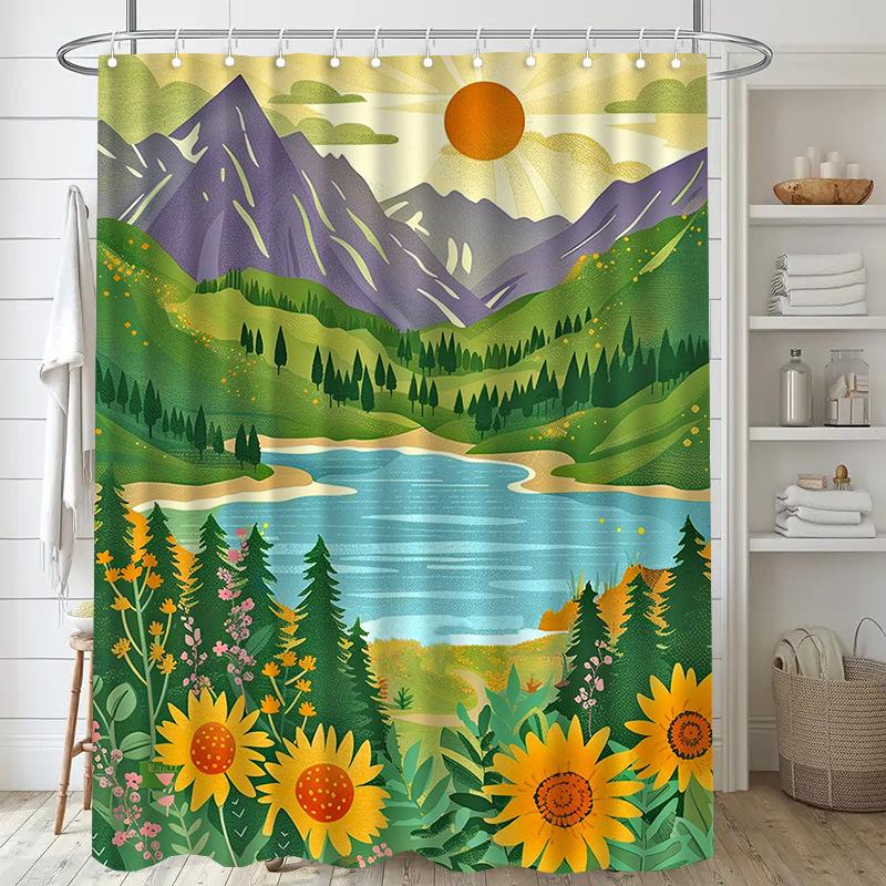 

Oil painting landscape Washable Dirt-Resistant Shower Curtain Shower Head waterproof Polyester Bath Curtain For Home Decor 70x140CM