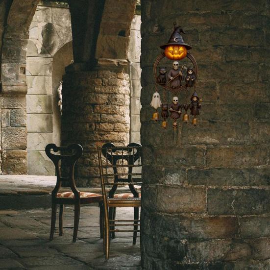 Halloween Gothic Wind Chime Spooky Bell Chime with Carved Pumpkin Lantern Ghost Grim Reaper Black Cat for Porch Lawn Window Decor