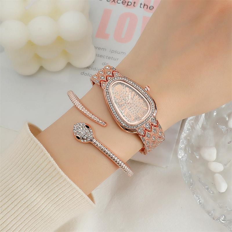 2pcs/set Women Quartz Snake Rhinestone Watch Bracelet Wristwatches