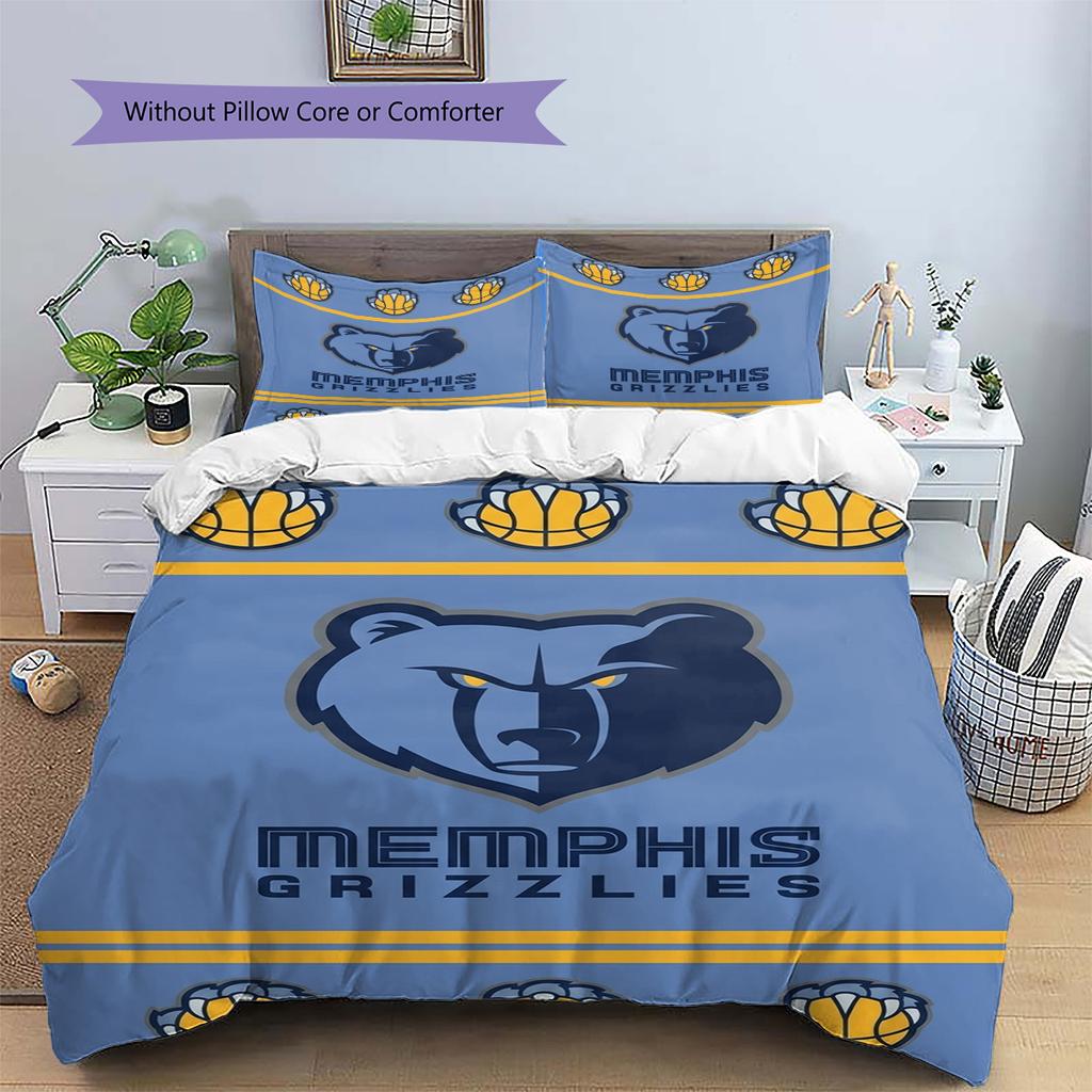 Memphis Grizzlies Pattern Bedding Set Quilt Cover Pillowcase Home Decor Gift (1 * Duvet Cover + 2 * Pillowcase, Without Core)