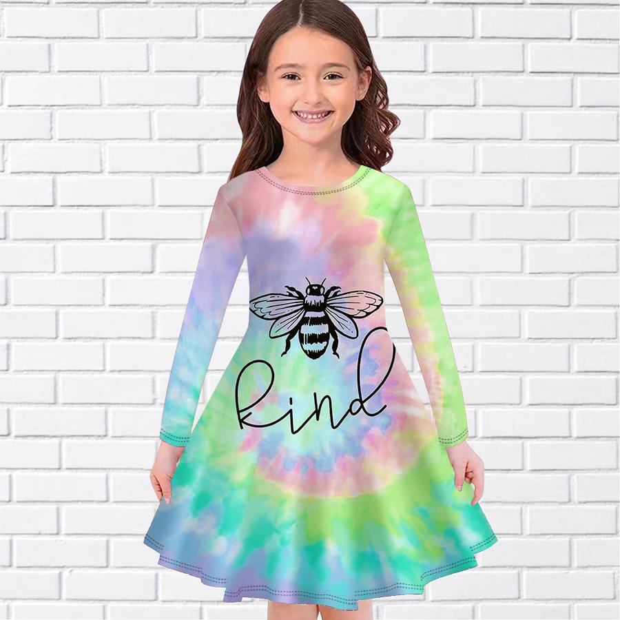 Girl Casual Little Bee Print Round Neck Long Sleeve Dress Kid Princess Dress