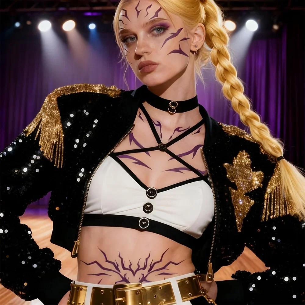 Large Kpop Purple Makeup Tattoo Stickers - Demon Body Art with Laser Lightning Effects, Highquality Stickers, Body Art Stickers