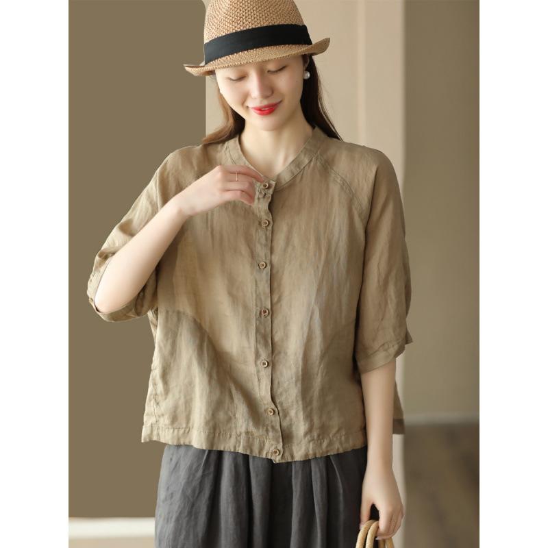 1116 new retro double ramie top women's cardigan summer thin shirt temperament outer shirt