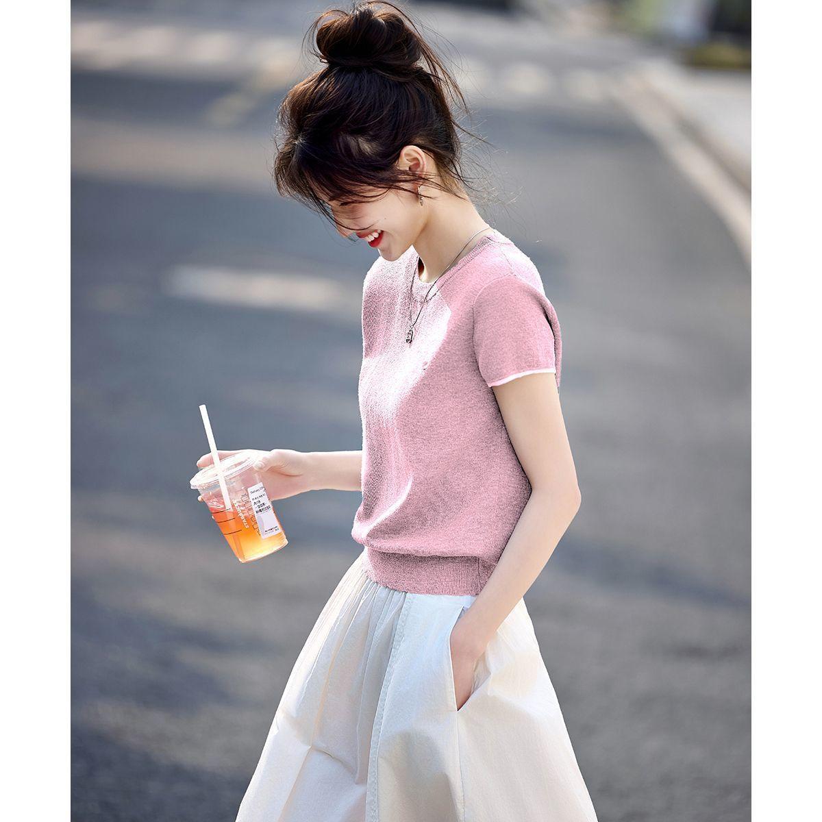

Versatile Casual Simple Short-sleeved Sweater Summer New Niche Slim Round Neck Top for Women OneSize рожевий