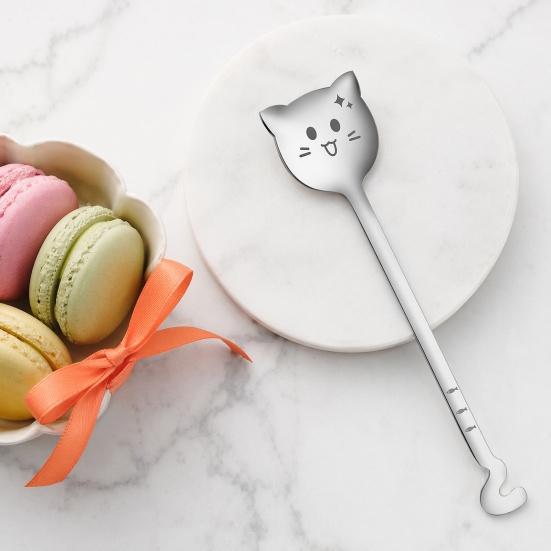Cat Face Coffee Spoon, 304 Stainless Steel Cute Hanging Spoon with Curved Tail, Long Handle, Stirring Spoon for Mug Cup, Coffee Milk Tea Dessert Gift