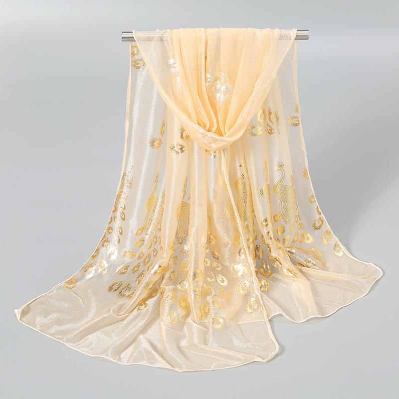 Summer Chiffon Long Scarf Georgette Neck Scarves Fashion Solid Hijab Scarf Glitter Thin Muffler Gold Peacock Print Wrap Shawl