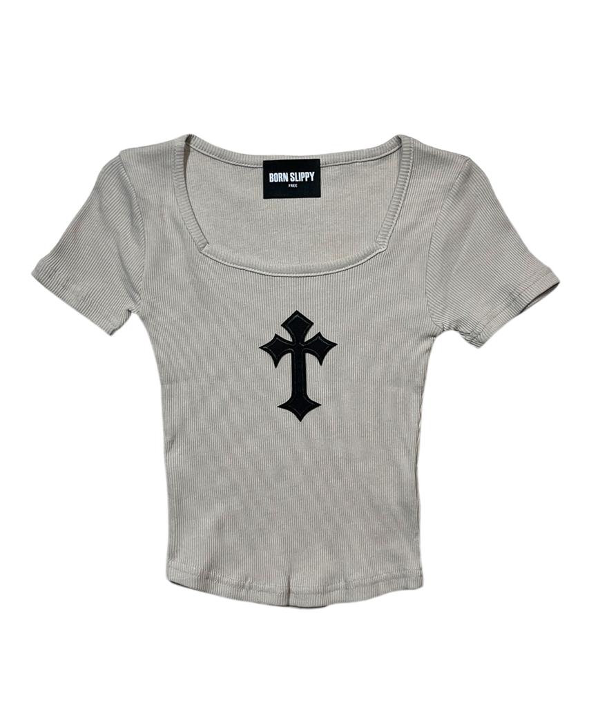 Bonseullipi Cross Square Neck T-Shirt (Beige)