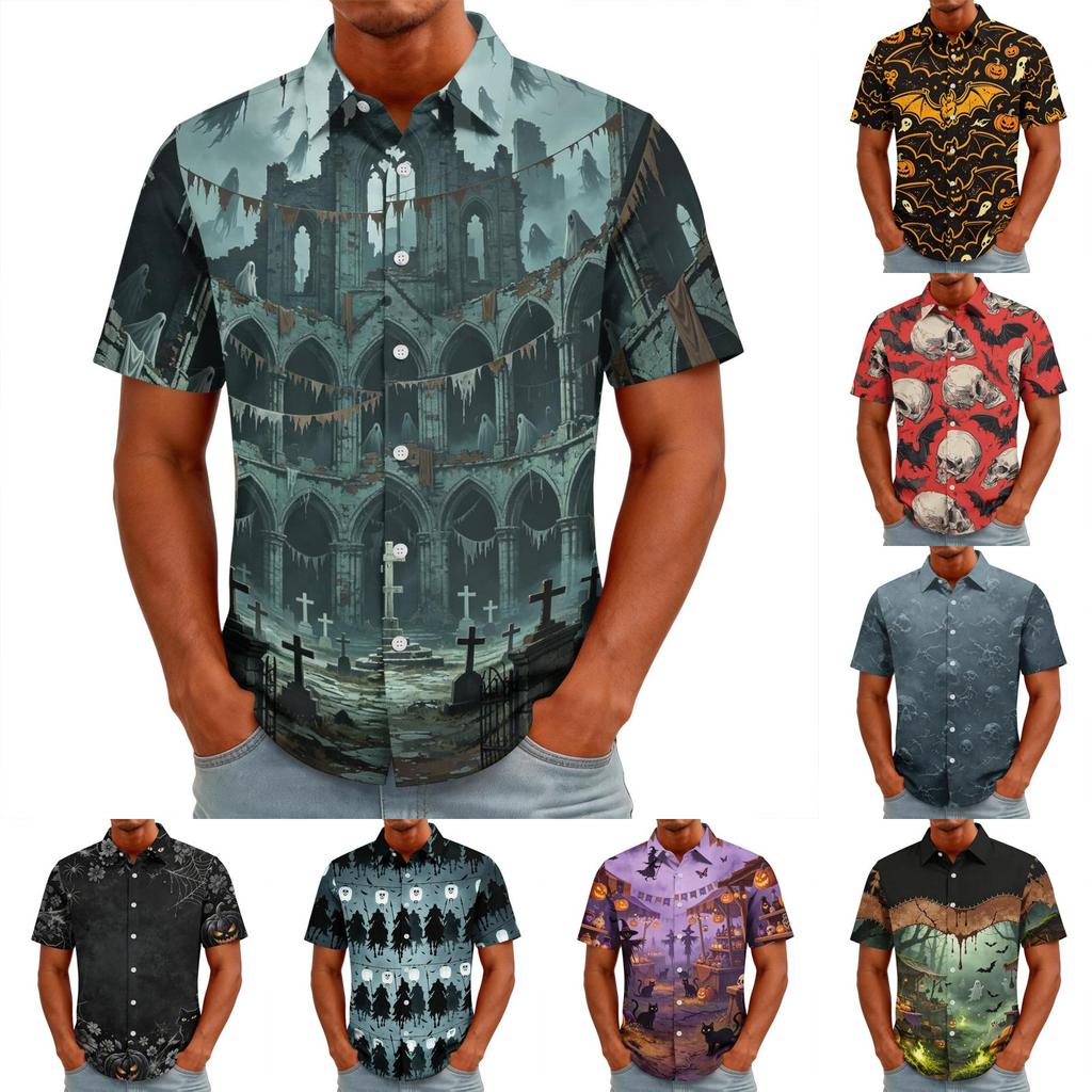 Men's Halloween Print Vintage Texture Button Down Cardigan, Loose Fit Breathable Summer Streetwear Casual Shirt
