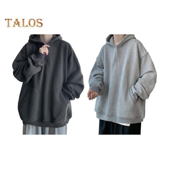 Fall Spring Men Hoodie Half Zipper Hooded Pockets Long Sleeves Loose Elastic Cuff Pure Color Pullover Thick Warm Daily Wear Top
