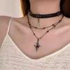 Punk Dark Black Cross Stars Pendant Necklace for Women Men Hiphop Cool Red Crystal Leather Choker Necklace Party Jewelry Gifts
