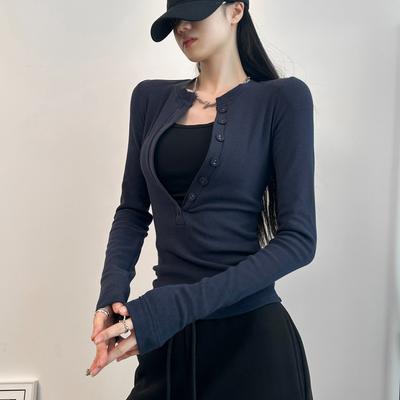 Kleine Duftjacke T-Shirt für Damen Frühling Damen Neu Schlank und Rein Langärmeliges Basic-Shirt Top