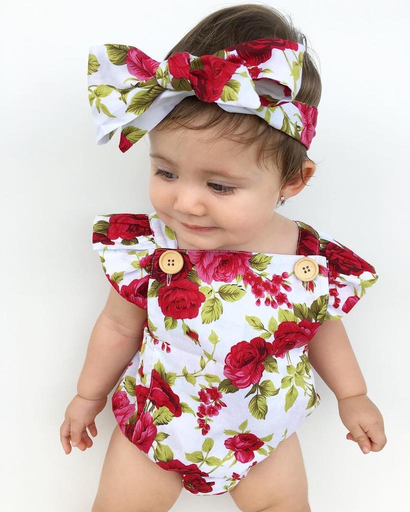 Newborn Baby Girls Floral One Piece Bodysuit Romper Headband 2Pcs Sets Outfits