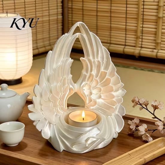 Modern Resin Craft 3D Printed Angel Wings Tealight Candle Holder, Wing Shape Candlestick, Small Container Romantic Ornament for Bedroom Wedding Table