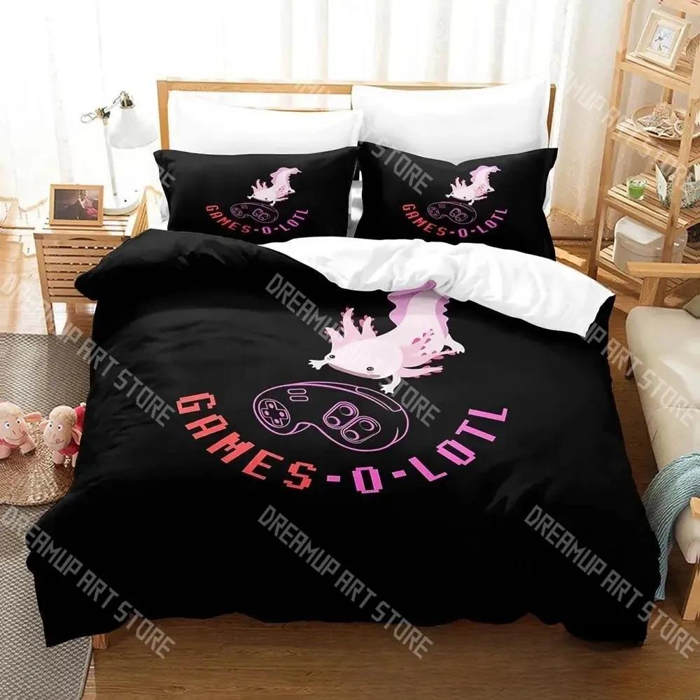 Set Biancheria da Letto Stampato su un Lato Axolotl, Piumone Gamer Kawaii Pastello Copripiumone Federe Copriletto Comodo Regina
