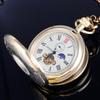 Reloj de Bolsillo Mecánico Antiguo de Lujo con Fase Lunar(12/24 Horas) Relojes Tourbillon de Cobre Puro de Cuerda Manual Para Hombres Mujeres