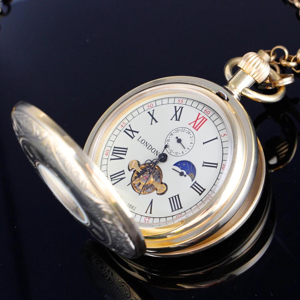 Reloj de Bolsillo Mecánico Antiguo de Lujo con Fase Lunar(12/24 Horas) Relojes Tourbillon de Cobre Puro de Cuerda Manual Para Hombres Mujeres