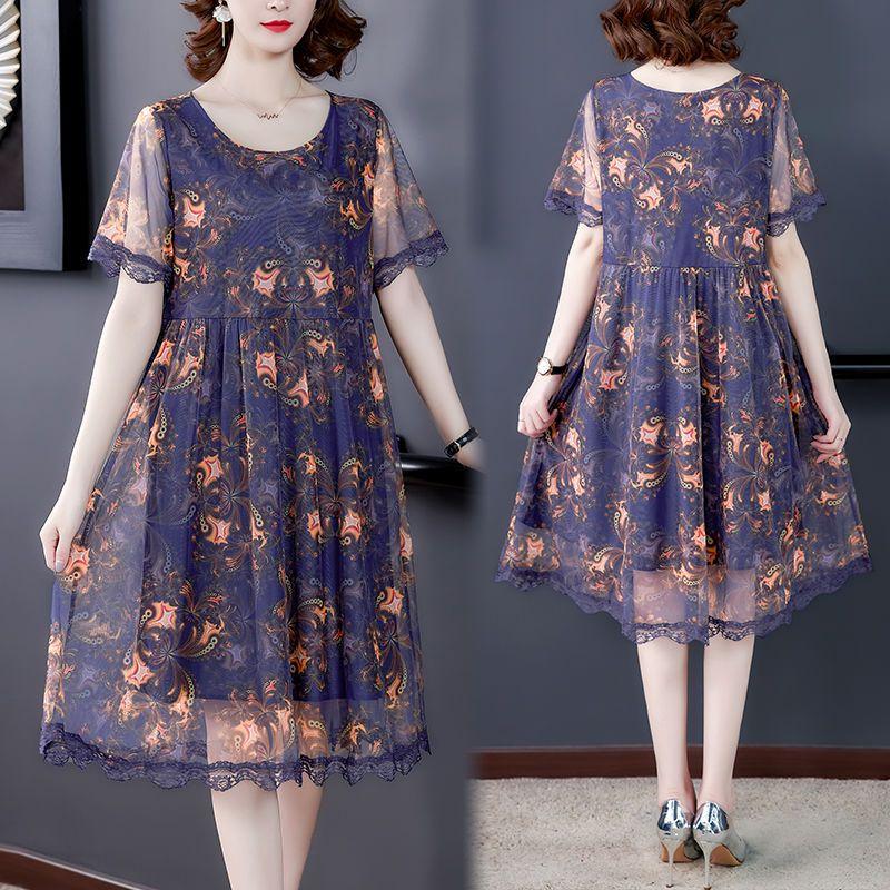 Chiffon Dress Mid-length Plus Size Printed Floral Over-the-knee Dress O-Neck Short Sleeve Loose