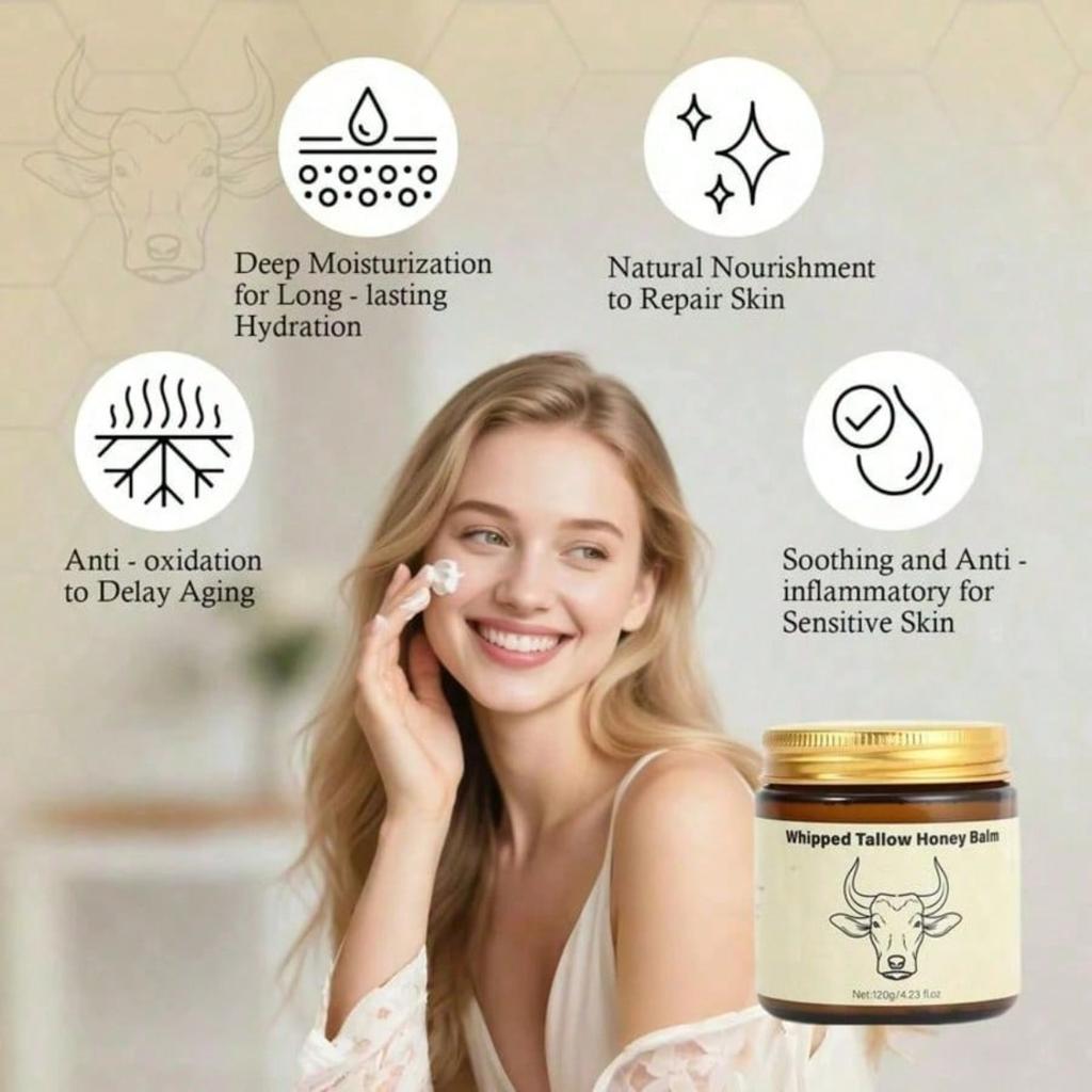 Beef Tallow For Skin - Organic Grass Fed Whipped Moisturizer With Honey Balm, Natural Hydrating Cream, Relief For Dry & Sensitive Skin, 4.23oz