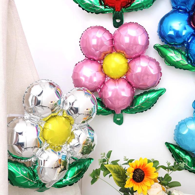 Green Leaf Sun Flower Aluminum Film Balloon Children'S Birthday Party Arrangement Five Petals Aluminum Foil Balloon