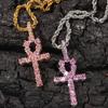 THE BLING KING Ankh Cross Pendant Pink Iced Cubic Zirconia Stones Gold Silver Color Necklace Colored Fashion Hiphop Jewelry