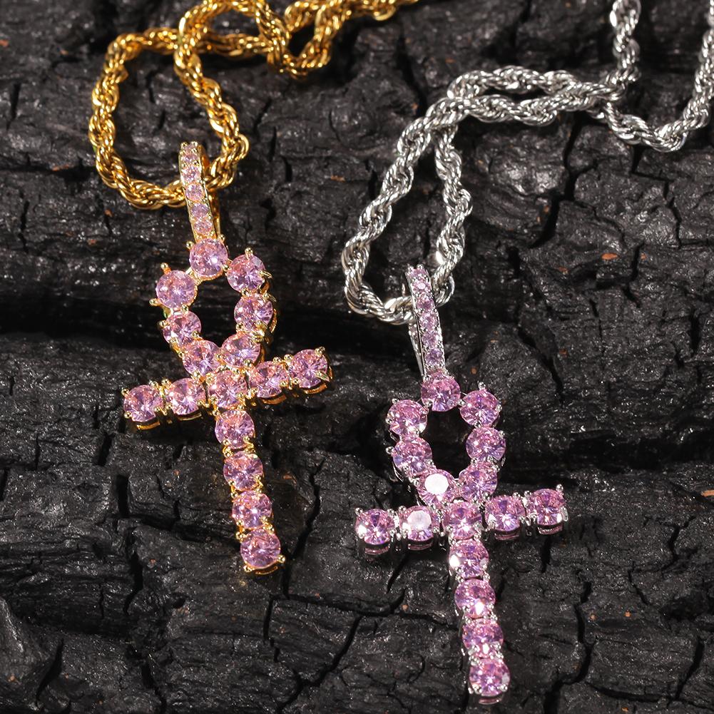 THE BLING KING Ankh Cross Pendant Pink Iced Cubic Zirconia Stones Gold Silver Color Necklace Colored Fashion Hiphop Jewelry
