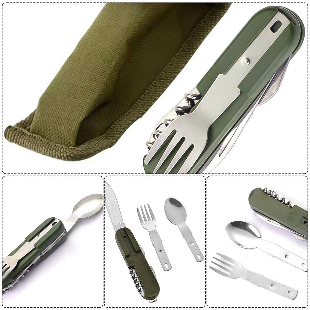 7 In 1 Multifunctional Stainless Steel Outdoor Picnic Tableware Foldable Fork Spoon Knife Camping Hiking Travelling Dinnerware