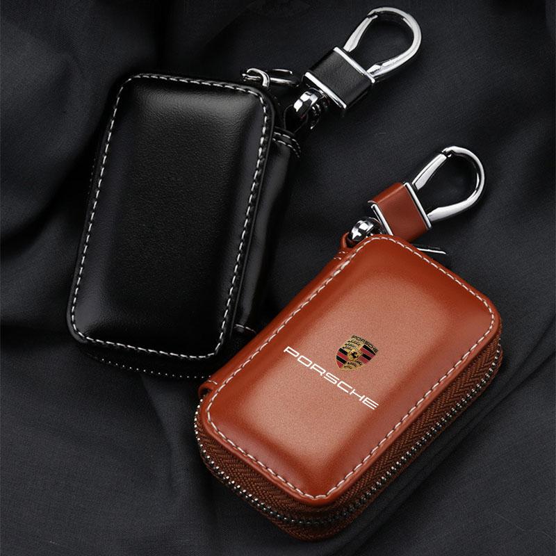 1Pcs Leather Emblem Car Key Case Keychain Zipper Key Case Bag For Porsche Cayenne Panamera Macan Boxster 911 Carrera-GT 944 918 917